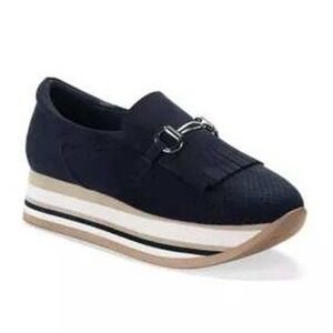 Crown & Ivy Navy Blue Platform Bosco Sneakers Loafers Tassel Striped Sole Sz 8.5